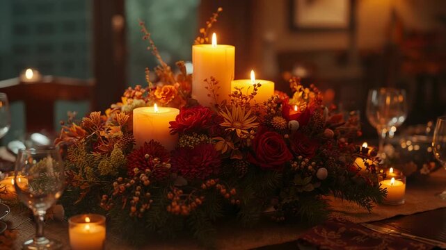 Flickering candles illuminating floral centerpiece on dining table dancing light over glassware