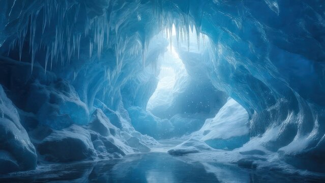 Icy cavern, glistening blue ice formations