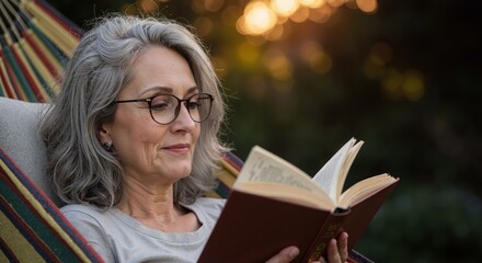 mature woman relaxing in hammock while reading a book outdoors at sunset with serene atmosphere