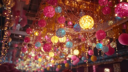 Advancing camera capturing banquet hall ceiling, revealing colorful lanterns beaded ribbons lights - Powered by Adobe