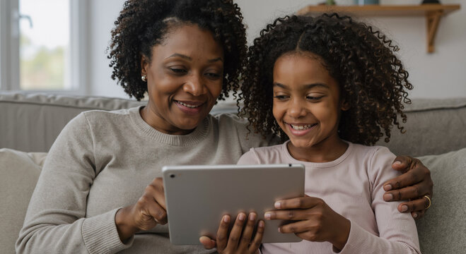 african american mother and daughter bonding while using digital tablet on sofa at home