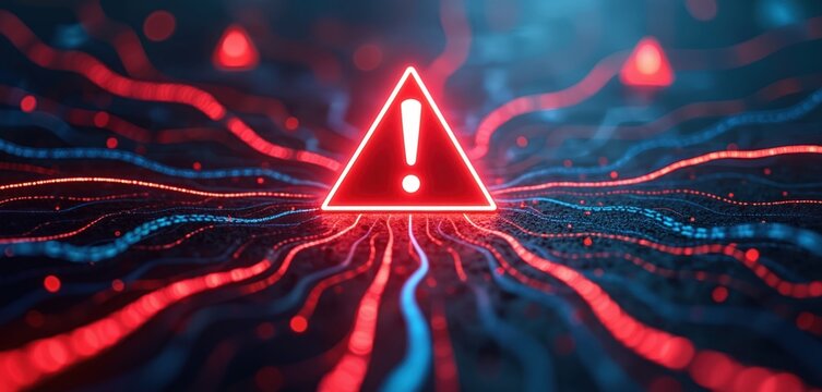 Abstract digital network shows warning sign with glowing red lines indicating system overload. Danger signals flash amid data streams. Tech failure, alert, risk alert.
