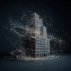 Generate a 3D X-ray of an office building. Overlay the image with abstract plexus featuring a mesmerizing interplay of lines and dots.