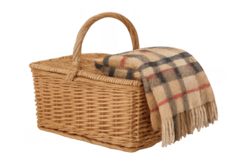 Wicker picnic basket with plaid blanket on transparent background