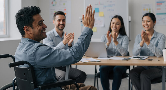 smiling businessman in wheelchair receiving applause from diverse coworkers in office meeting