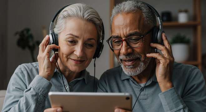 senior couple enjoying music on tablet with headphones in cozy living room setting