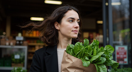 young woman with paper bag of fresh greens leaving grocery store on a breezy day