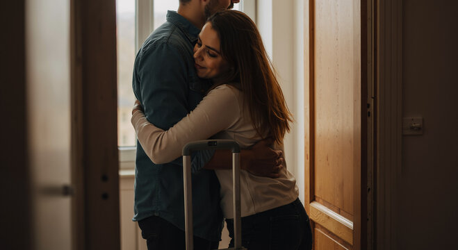 couple embracing by window with suitcase on cozy morning in warm sunlight - Powered by Adobe