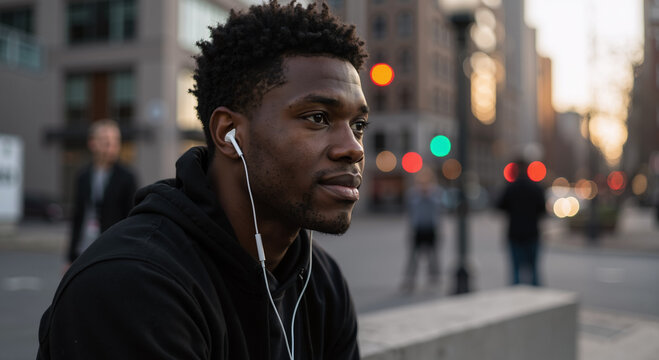 young black man listening to music with earbuds in urban city setting during sunset