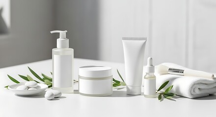 Cosmetic skincare products arranged with white background and fresh botanicals for self-care