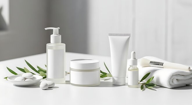 Cosmetic skincare products arranged with white background and fresh botanicals for self-care - Powered by Adobe