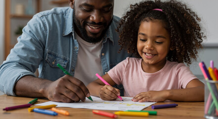 father and daughter enjoying drawing together at home smiling and having fun on sunny day