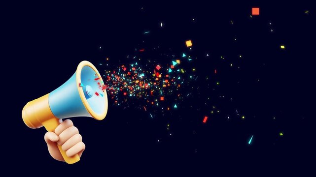 3D hand-held megaphone bursting colorful confetti