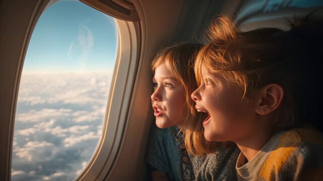 Pressing cheeks two sisters leaning toward plane window, marveling at golden clouds, copy space