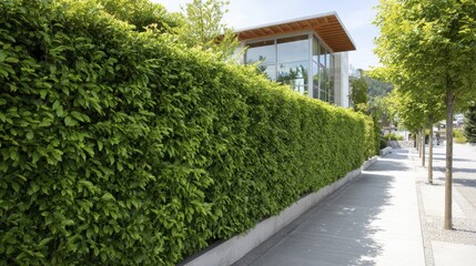 Fototapeta premium Modern urban architecture with lush greenery and tree-lined sidewalk