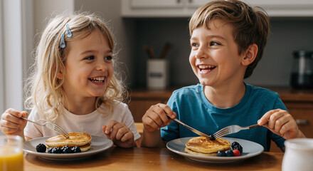 two joyful children enjoying breakfast pancakes with berries in a cozy kitchen setting