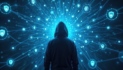 Hooded person stands against a bright digital network background with security icons. Abstract concept of cyber protection and data defense.