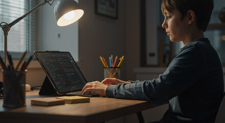 focused young boy programming on tablet at home desk in evening, learning technology and coding
