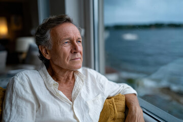 Fototapeta premium A thoughtful man gazes out the window, lost in contemplation as he observes the tranquil waters beyond, embodying a moment of reflection and introspection.