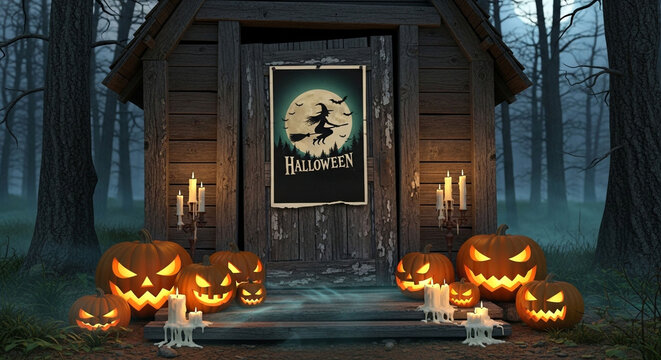A Halloween poster mockup pinned to a crooked wooden door of an abandoned cabin, surrounded by glowing pumpkins, dripping candles, and creeping ghostly mist crawling across the floor.