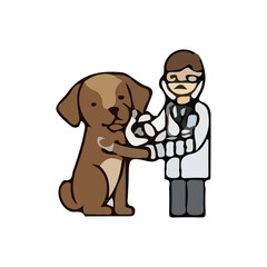 Illustration of a veterinarian caring for various types of pets and wildlife. Colorful vector images show veterinarian activities such as examining, administering injections, and treating animals such