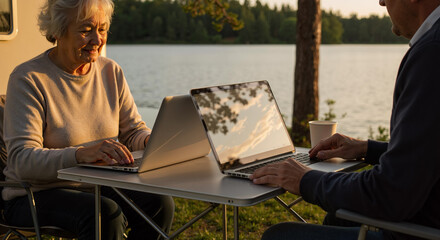 elderly couple enjoying outdoor computer session by lakeside during sunset