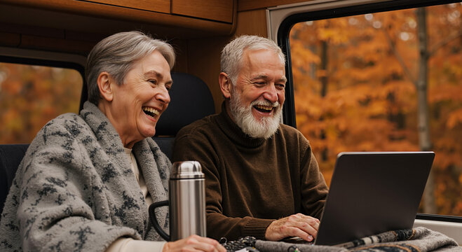 happy senior couple enjoying a cozy autumn road trip in their camper van - Powered by Adobe