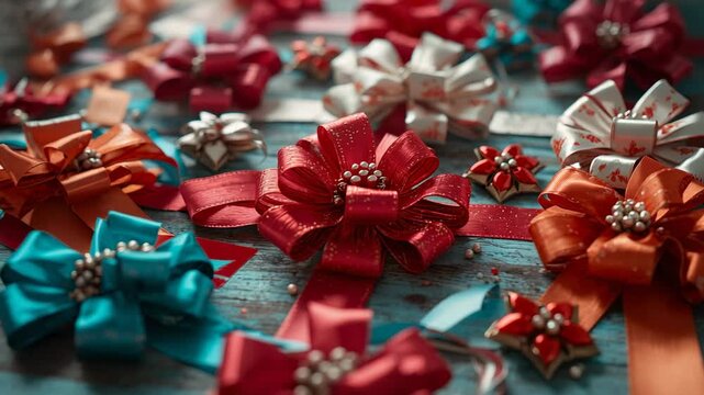 Camera starting shot then pulling focus from red bow to bows on painted tabletop, showcasing colors