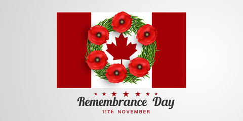 11th November Is Remembrance Day Day. Canada flag, red poppy and more. Suitable for posters, banners and social media. White background.