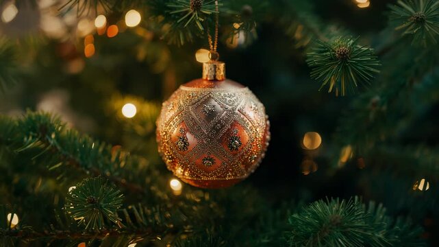Pulling back camera showing red-and-gold ornament swinging on pine branch, with warm blurred lights