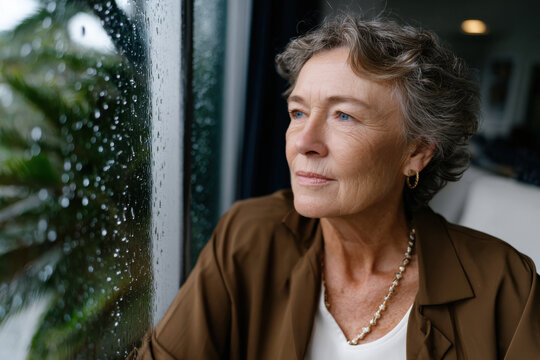 A thoughtful older woman gazes out a window on a rainy day, reflecting on her thoughts, capturing the essence of self-reflection, nostalgia, and the soothing sound of raindrops.