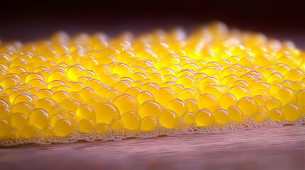 Fototapeta premium Macro of bright yellow caviar pearls on reflective surface, minimal food background symbolizing luxury, delicacy and gourmet style.