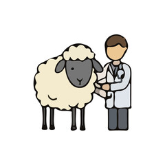 Illustration of a veterinarian caring for various types of pets and wildlife. Colorful vector images show veterinarian activities such as examining, administering injections, and treating animals such