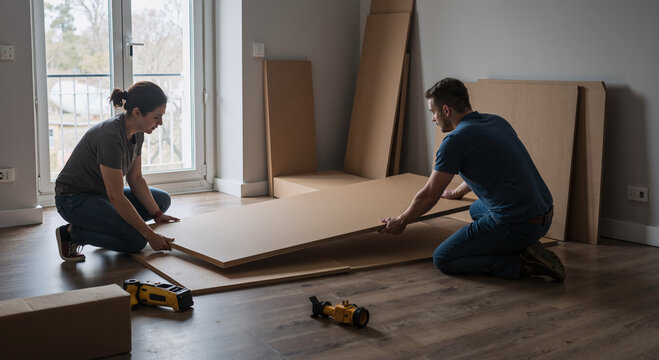 two people assembling wooden furniture pieces in a sunlit room, teamwork and diy home project