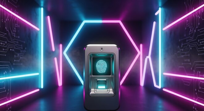 Futuristic ATM Machine with Neon Lights and Digital Background.