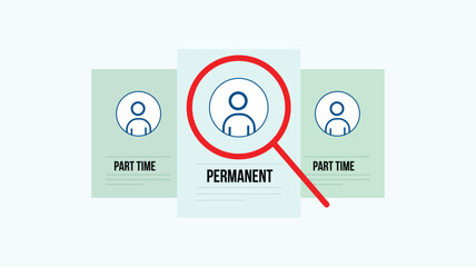 Job selection concept with permanent and part time options. Vector illustration of candidate profiles and magnifying glass. Perfect for HR, recruitment, business, career, employment, and professional 