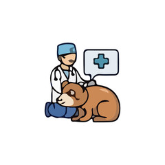 Illustration of a veterinarian caring for various types of pets and wildlife. Colorful vector images show veterinarian activities such as examining, administering injections, and treating animals such