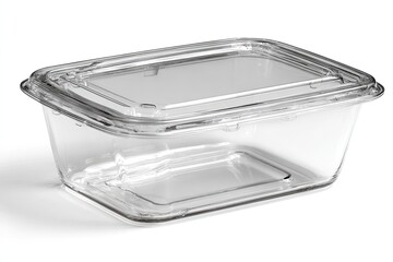 Clear rectangular plastic food container with hinged lid, isolated on white