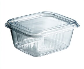 Empty clear plastic square food container with hinged lid