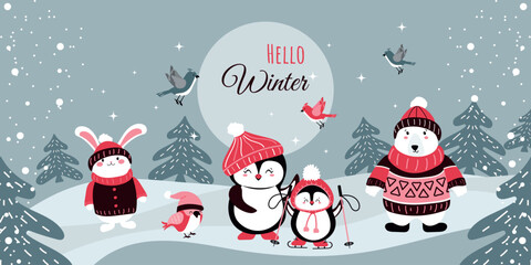 Holiday greeting card, banner with funny penguins, polar bear, birds, and a rabbit. Vector winter design.