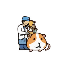 Naklejka premium Illustration of a veterinarian caring for various types of pets and wildlife. Colorful vector images show veterinarian activities such as examining, administering injections, and treating animals such