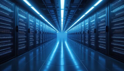 Rows of server racks illuminate a futuristic data center with blue neon lights reflecting on shiny floor. This digital hub processes vast amounts of information for global networks.