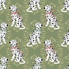 Christmas Dalmatian Dog Pattern, Elegant Holiday Puppy Seamless, Red Green Bow Winter Digital Paper PNG