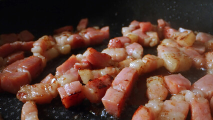 Sizzling Chopped Pork in Frying Pan.