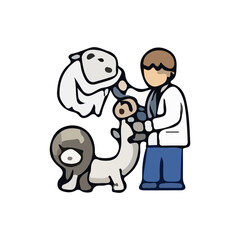 Illustration of a veterinarian caring for various types of pets and wildlife. Colorful vector images show veterinarian activities such as examining, administering injections, and treating animals such