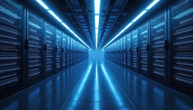 Rows of server racks illuminate a futuristic data center with blue neon lights reflecting on shiny floor. This digital hub processes vast amounts of information for global networks.