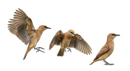 Three brown birds in flight against a white background.
