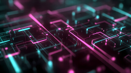 Abstract illustration of circuit board, with neon lights in blue and pink. A modern visual for technology, futuristic design or data processing