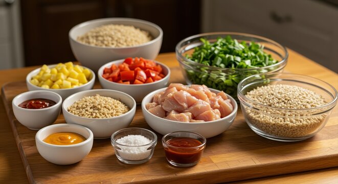 colorful variety of fresh ingredients on a wooden cutting board for a healthy recipe preparation