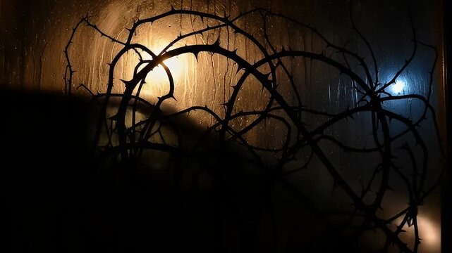 Thorny branches silhouetted against a blurry, golden light through a rain-streaked glass